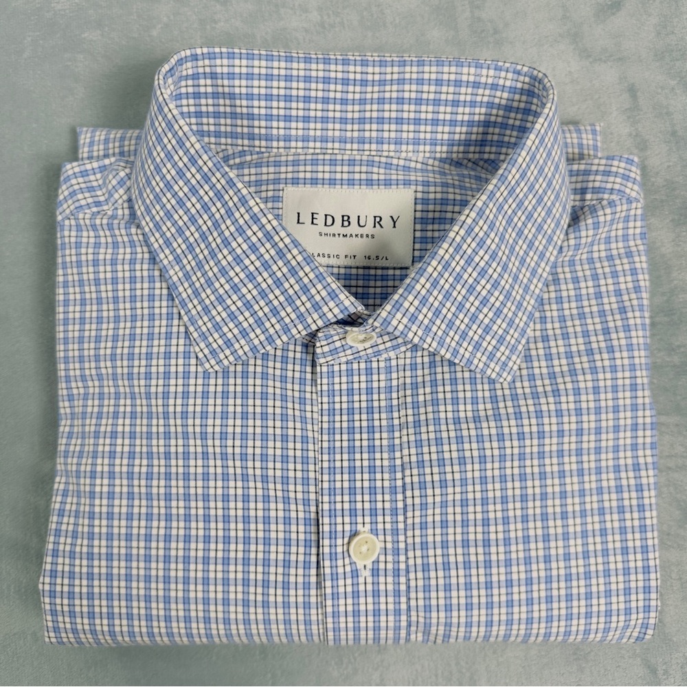 Ledbury Men's Blue and White Micro-Check Dress Shirt